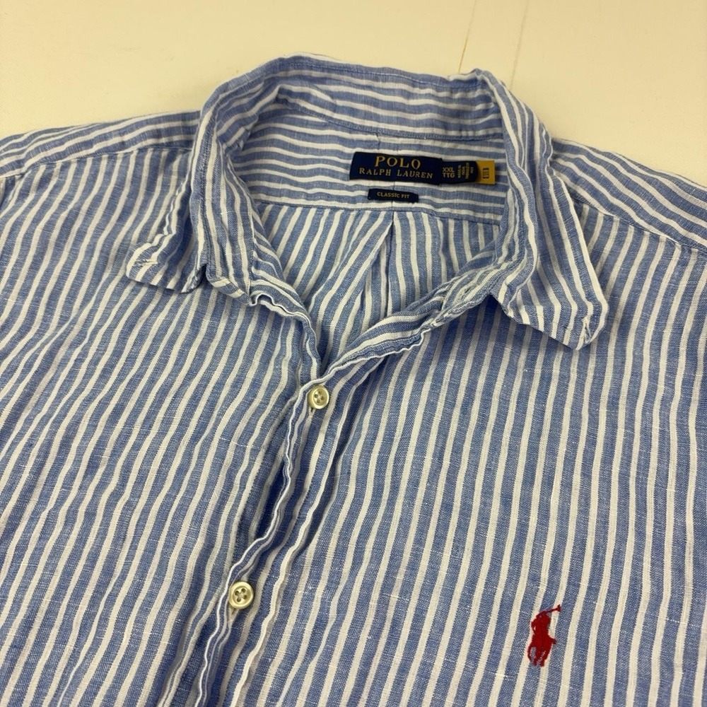 Polo Ralph Lauren Shirt Mens 2XL Blue Striped Short Sleeve Linen Button Up